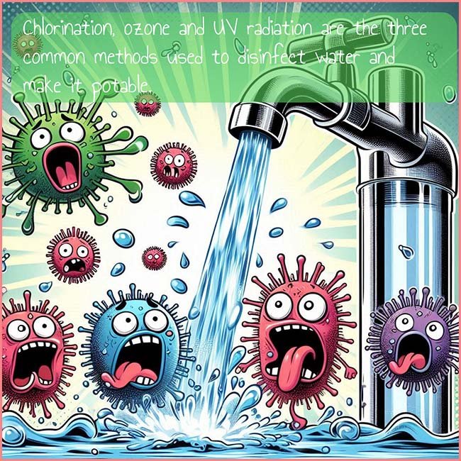 Image which summaries the 3 ways to disinfect water and make it potable, chlorination, ozone treatment and UV radiation treatment